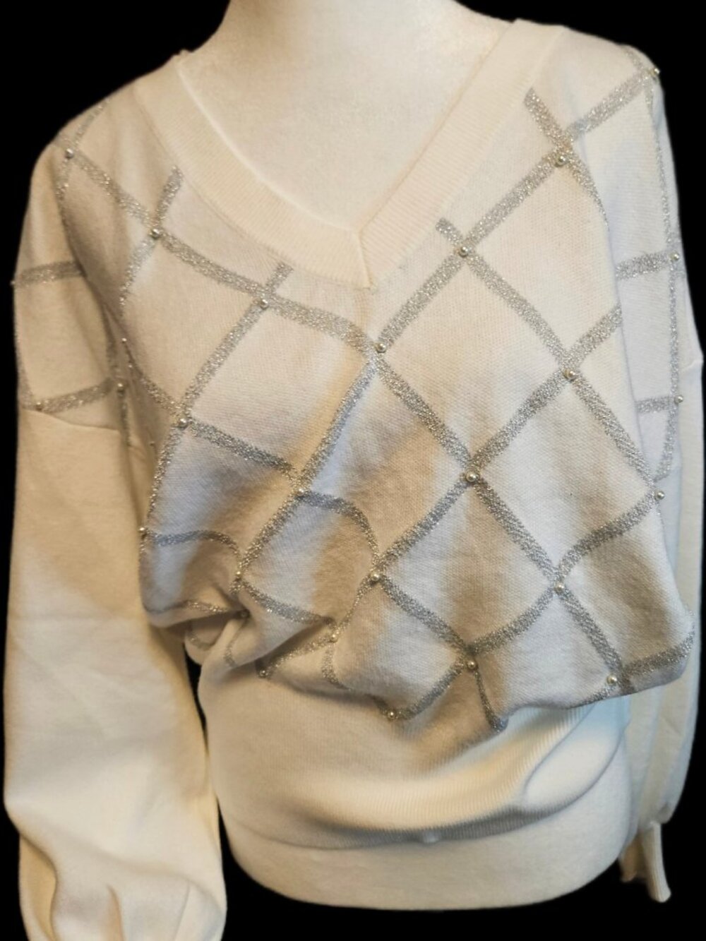 Size S Twelfth White V-Neck Sweater Pearl Glitter Lattice NWT